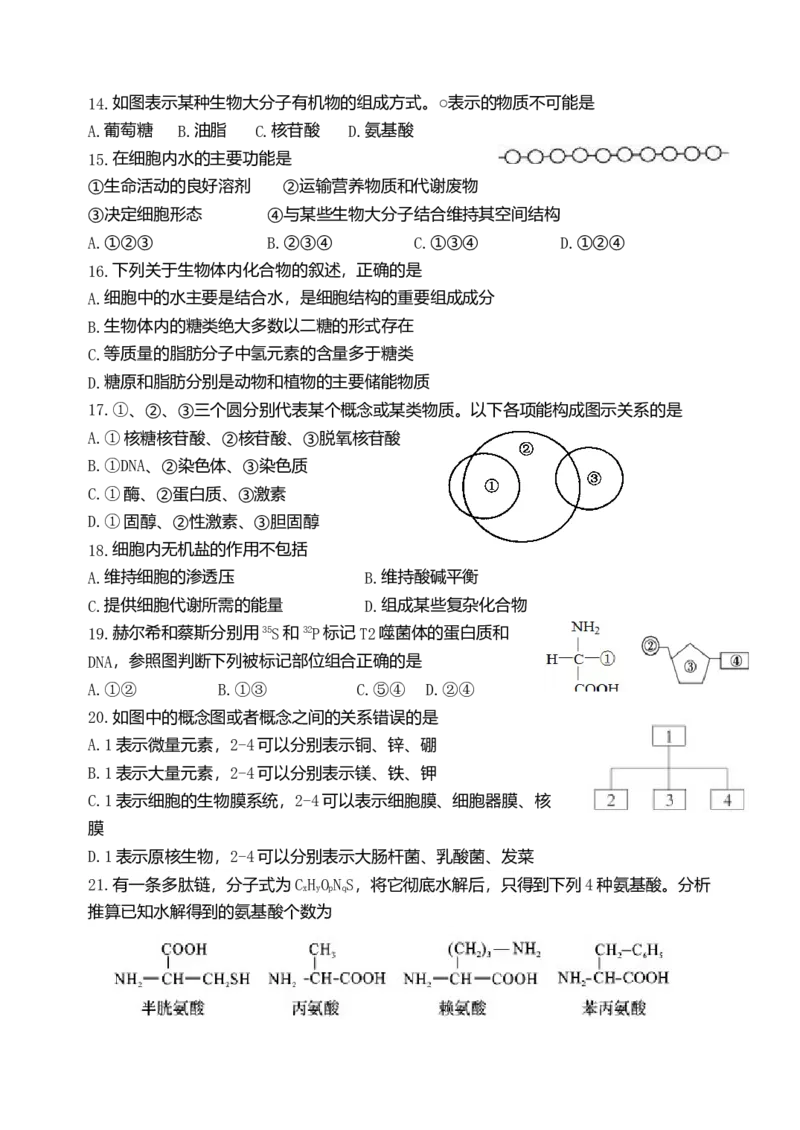 天津市耀华中学高一上学期期中形成性检测生物试题_高中九科知识点归纳。_人教版高中Word电子版试卷练习试题知识点全科_高中生物试卷习题_生物必修_必修1