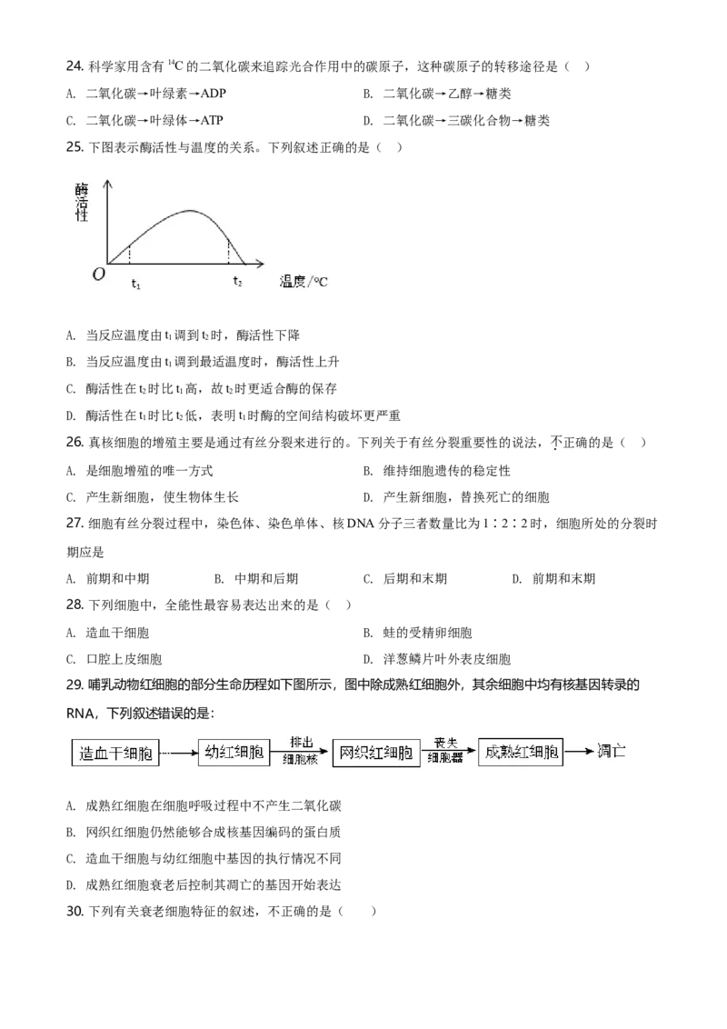 精品解析：天津市东丽区高一上学期期末生物试题（原卷版）_高中九科知识点归纳。_人教版高中Word电子版试卷练习试题知识点全科_高中生物试卷习题_生物必修_必修1_2.各地真题