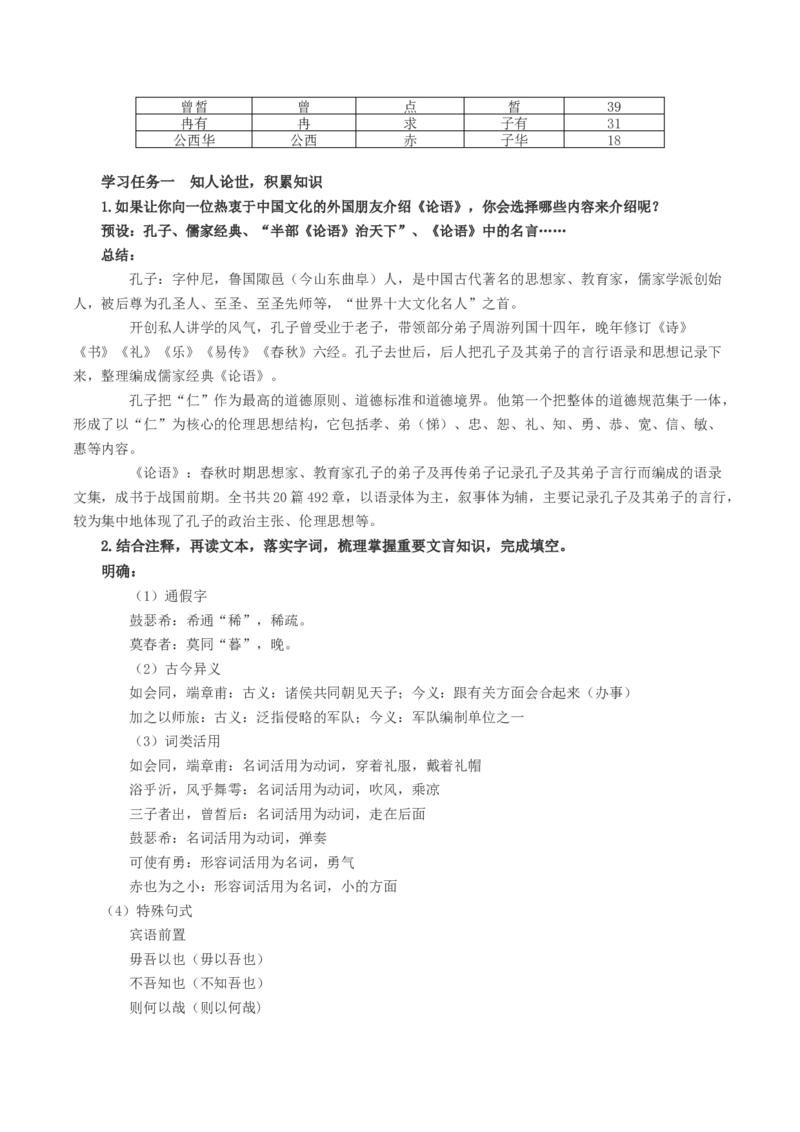 1-1《子路曾皙冉有公西华侍坐》（教学设计）-（统编版必修下册）_高语_高中语文_必修下册_教学设计