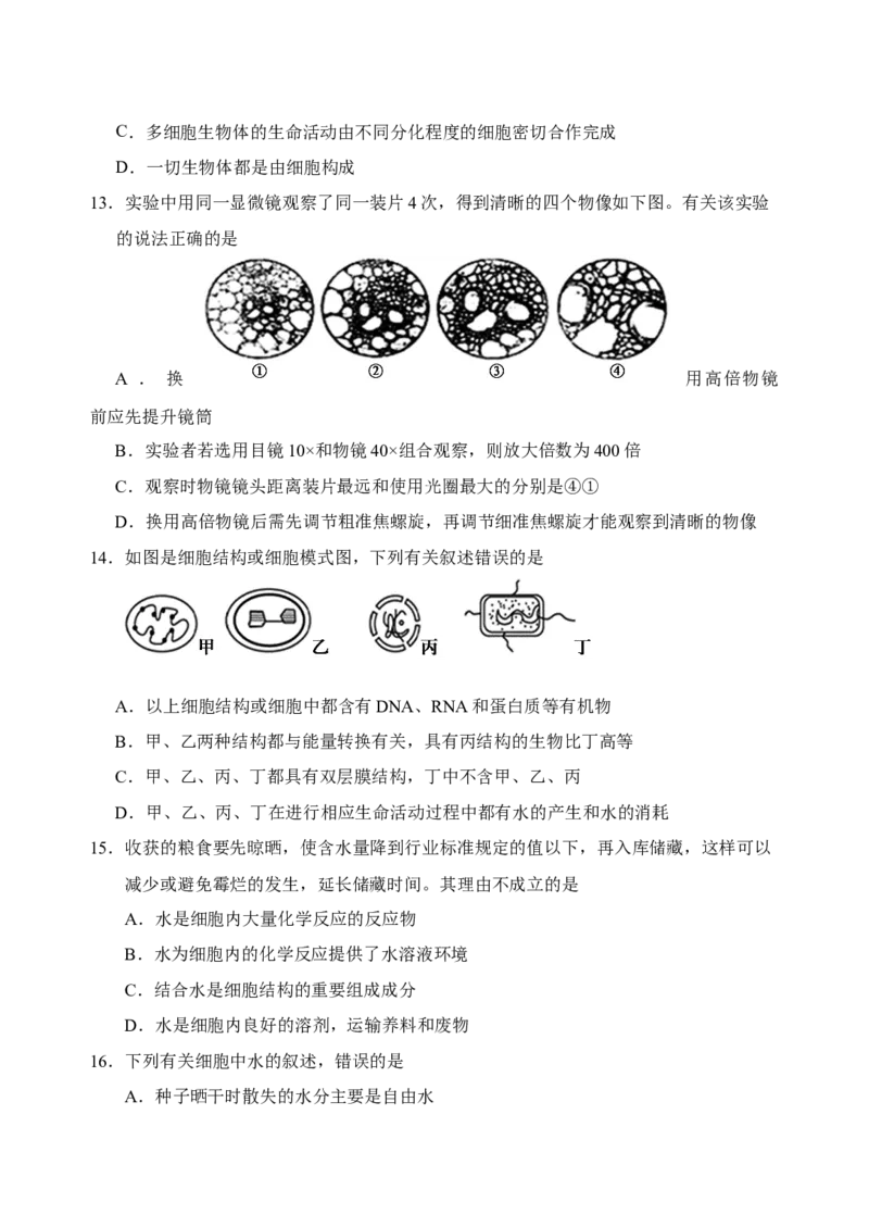 山东泰安肥城市高一上学期期中考试生物试题_高中九科知识点归纳。_人教版高中Word电子版试卷练习试题知识点全科_高中生物试卷习题_生物必修_必修1