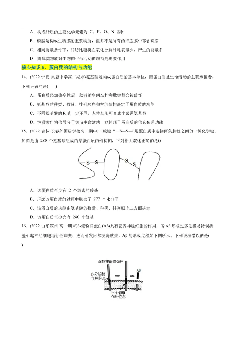 第2章组成细胞的分子（A卷&middot;知识通关练）（原卷版）_高中九科知识点归纳。_人教版高中Word电子版试卷练习试题知识点全科_高中生物试卷习题_生物必修_必修1_1.单元测试AB卷（第一套）