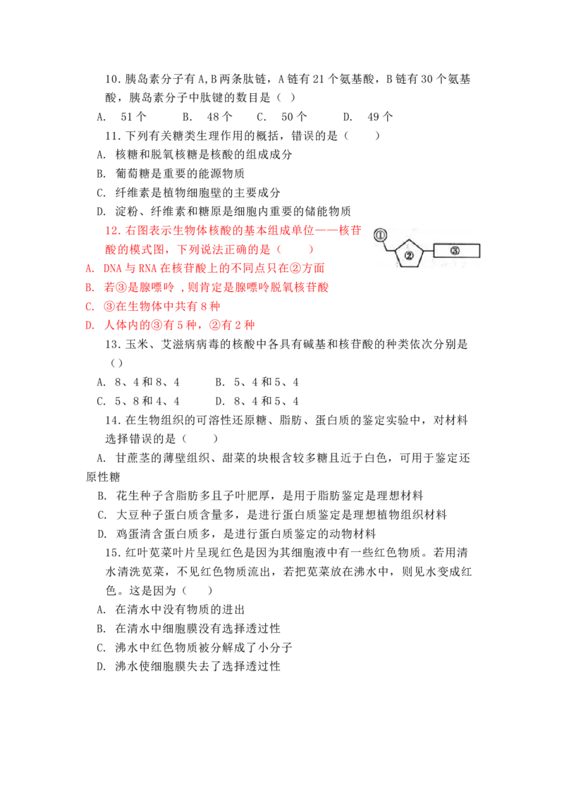 海南省海口四中度第一学期期中考试高一年级生物试题_高中九科知识点归纳。_人教版高中Word电子版试卷练习试题知识点全科_高中生物试卷习题_生物必修_必修1