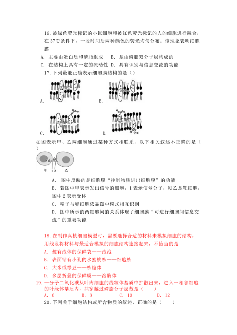 海南省海口四中度第一学期期中考试高一年级生物试题_高中九科知识点归纳。_人教版高中Word电子版试卷练习试题知识点全科_高中生物试卷习题_生物必修_必修1