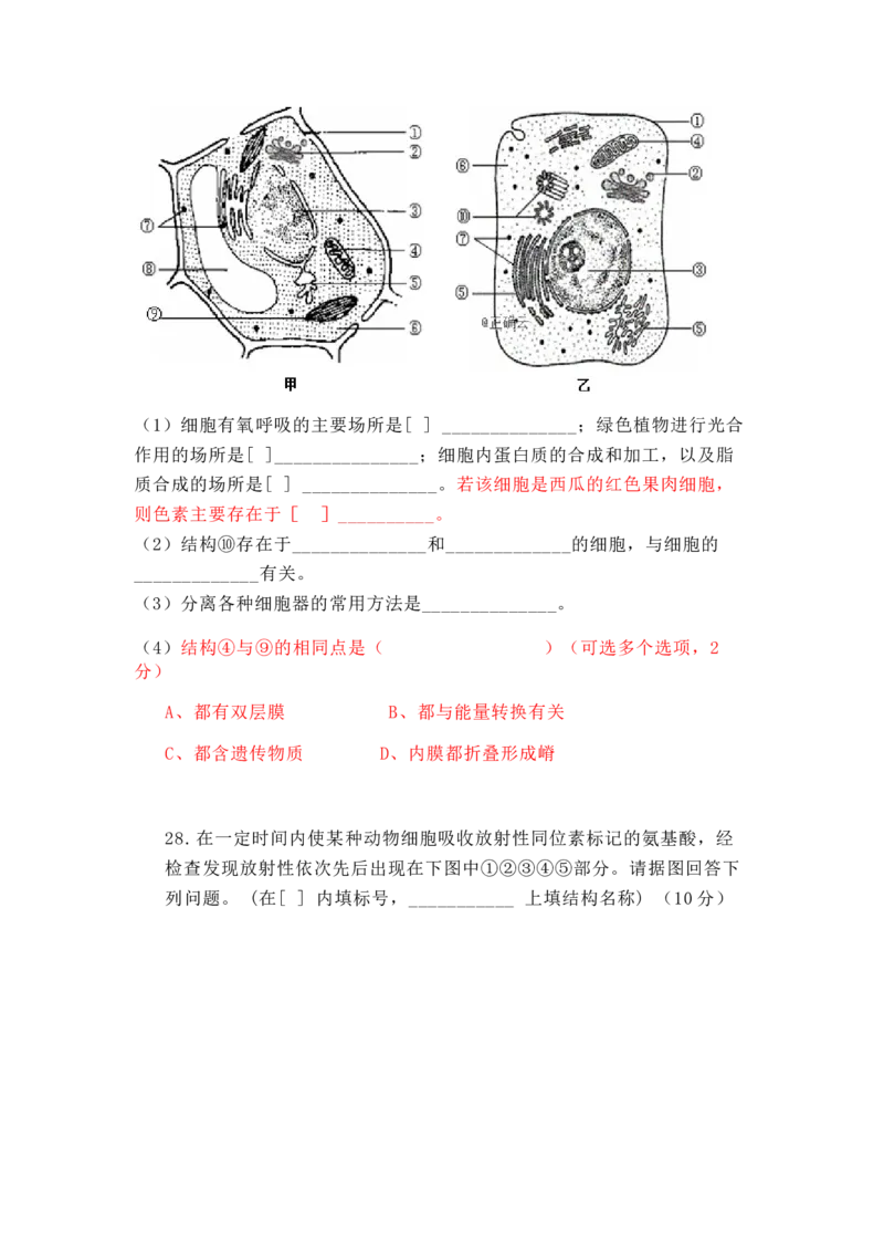 海南省海口四中度第一学期期中考试高一年级生物试题_高中九科知识点归纳。_人教版高中Word电子版试卷练习试题知识点全科_高中生物试卷习题_生物必修_必修1