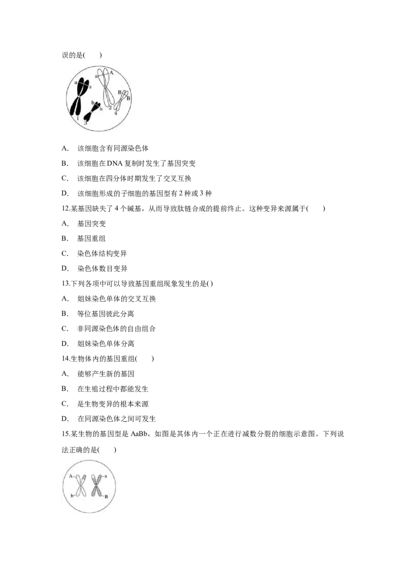 新教材精创5.1基因突变和基因重组练习（1）（原卷版）_高中九科知识点归纳。_人教版高中Word电子版试卷练习试题知识点全科_高中生物试卷习题_生物必修_必修2_1、同步练习