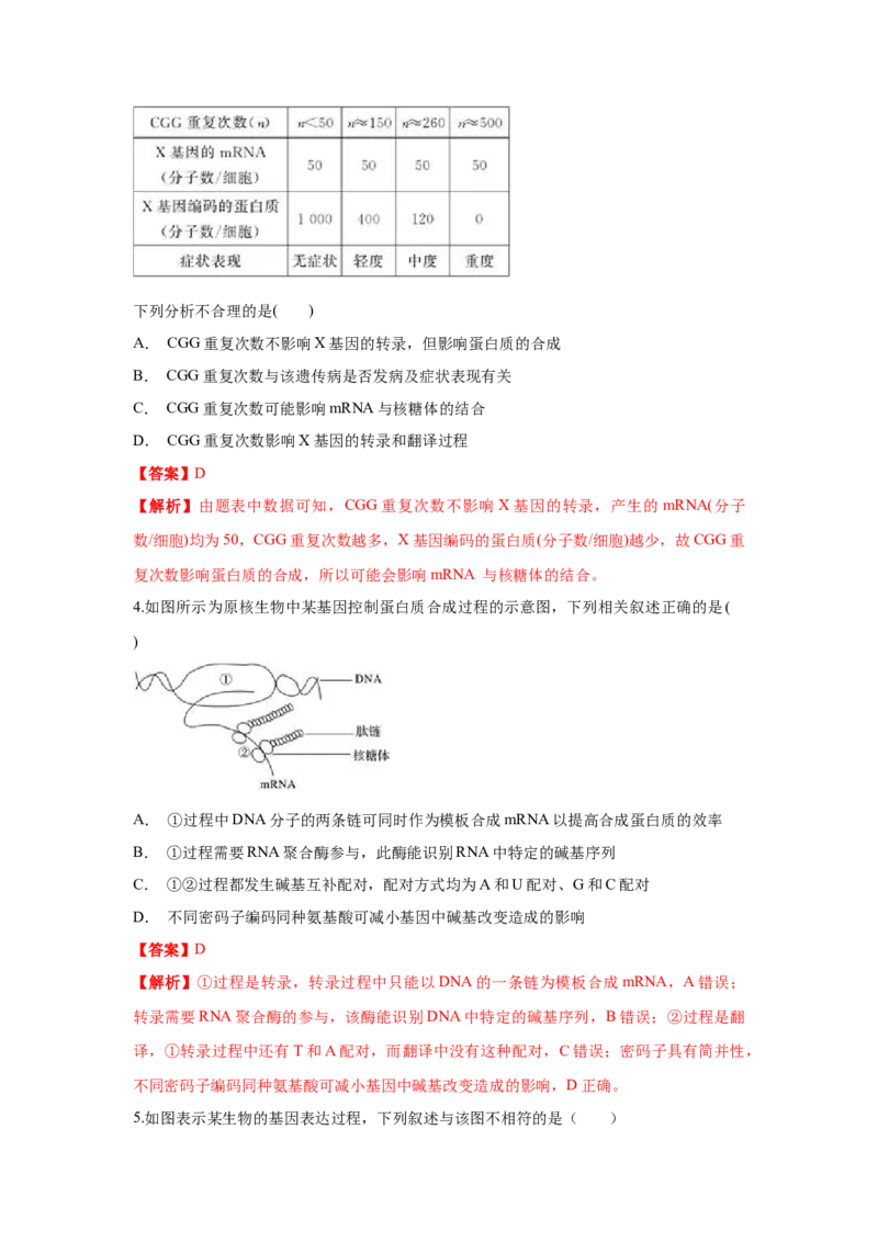 新教材精创4.1.2基因指导蛋白质的合成练习（1）（解析版）_高中九科知识点归纳。_人教版高中Word电子版试卷练习试题知识点全科_高中生物试卷习题_生物必修_必修2_1、同步练习