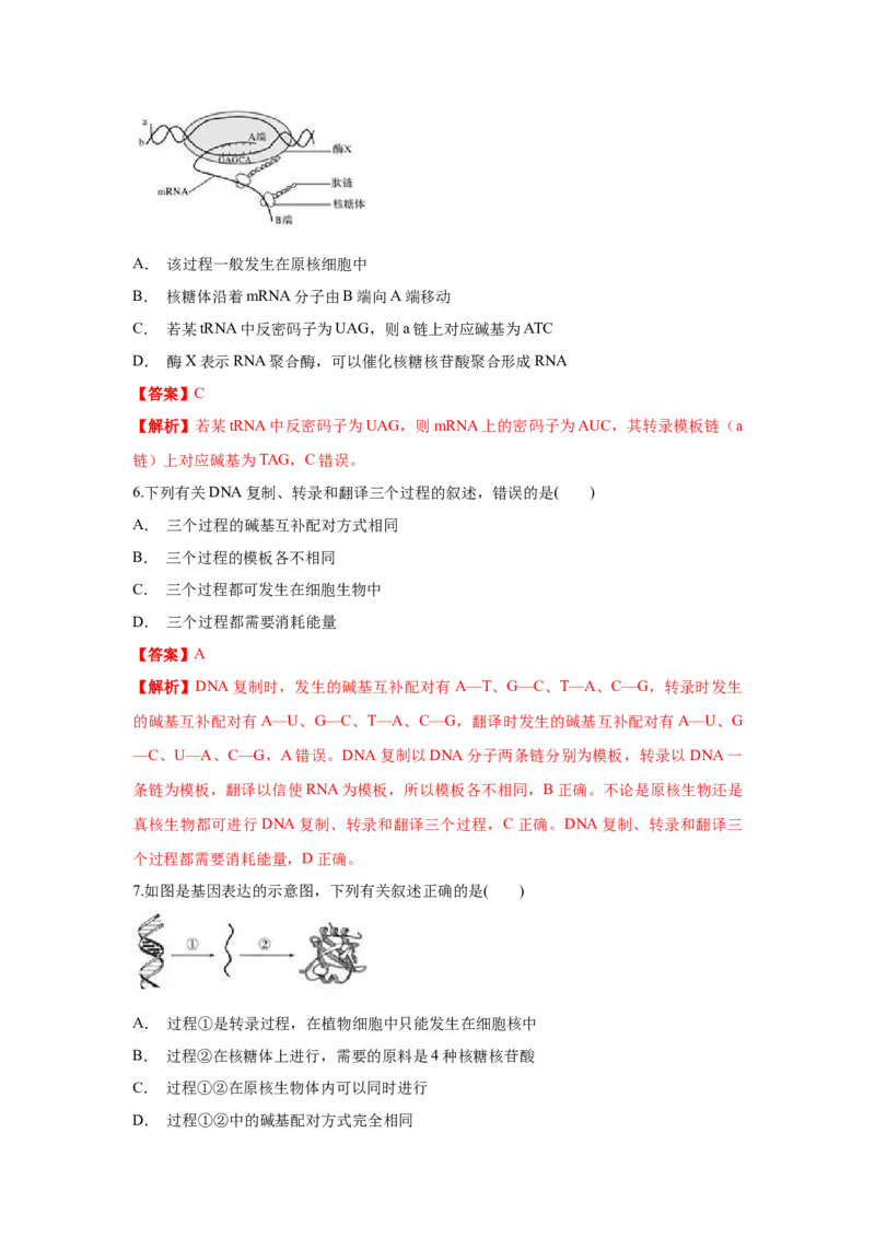 新教材精创4.1.2基因指导蛋白质的合成练习（1）（解析版）_高中九科知识点归纳。_人教版高中Word电子版试卷练习试题知识点全科_高中生物试卷习题_生物必修_必修2_1、同步练习