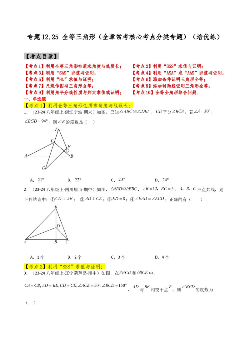 专题12.25全等三角形（全章常考核心考点分类专题）（培优练）-（人教版）_初中数学_八年级数学上册（人教版）_专题突破练习-V4_2025版