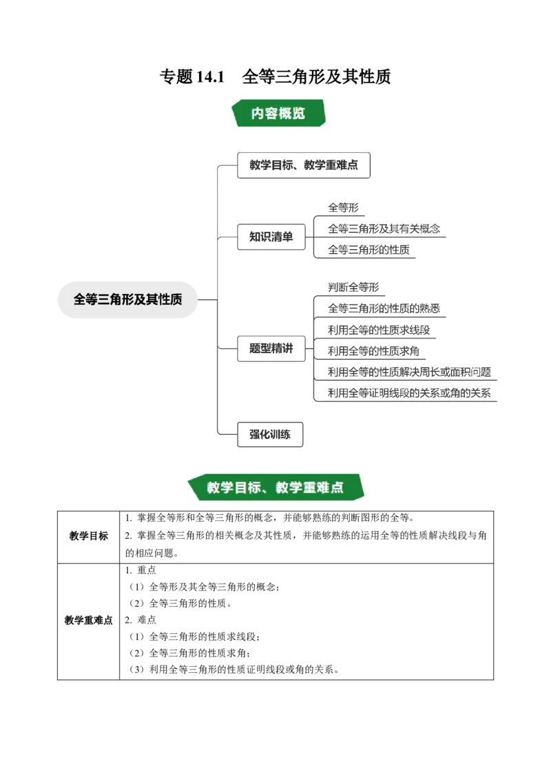 专题14.1全等三角形及其性质（高效培优讲义）（学生版）_初中数学_八年级数学上册（人教版）_同步讲义-U18_2026版