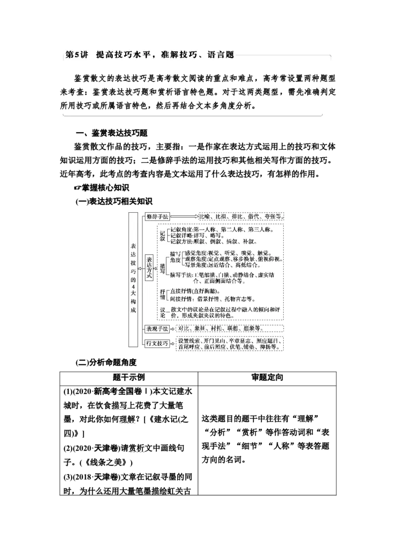 第5讲　提高技巧水平，准解技巧、语言题教案_01高考语文_22022年新高考资料_2022届一轮复习讲练结合_语文系列一_第3板块现代文阅读_专题4散文阅读