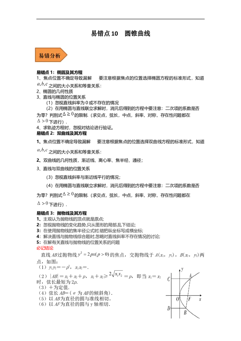 易错点10圆锥曲线（学生版）_2.2025数学总复习_赠品通用版（老高考）复习资料_专项复习_备战2023年高考数学考试易错题（全国通用）