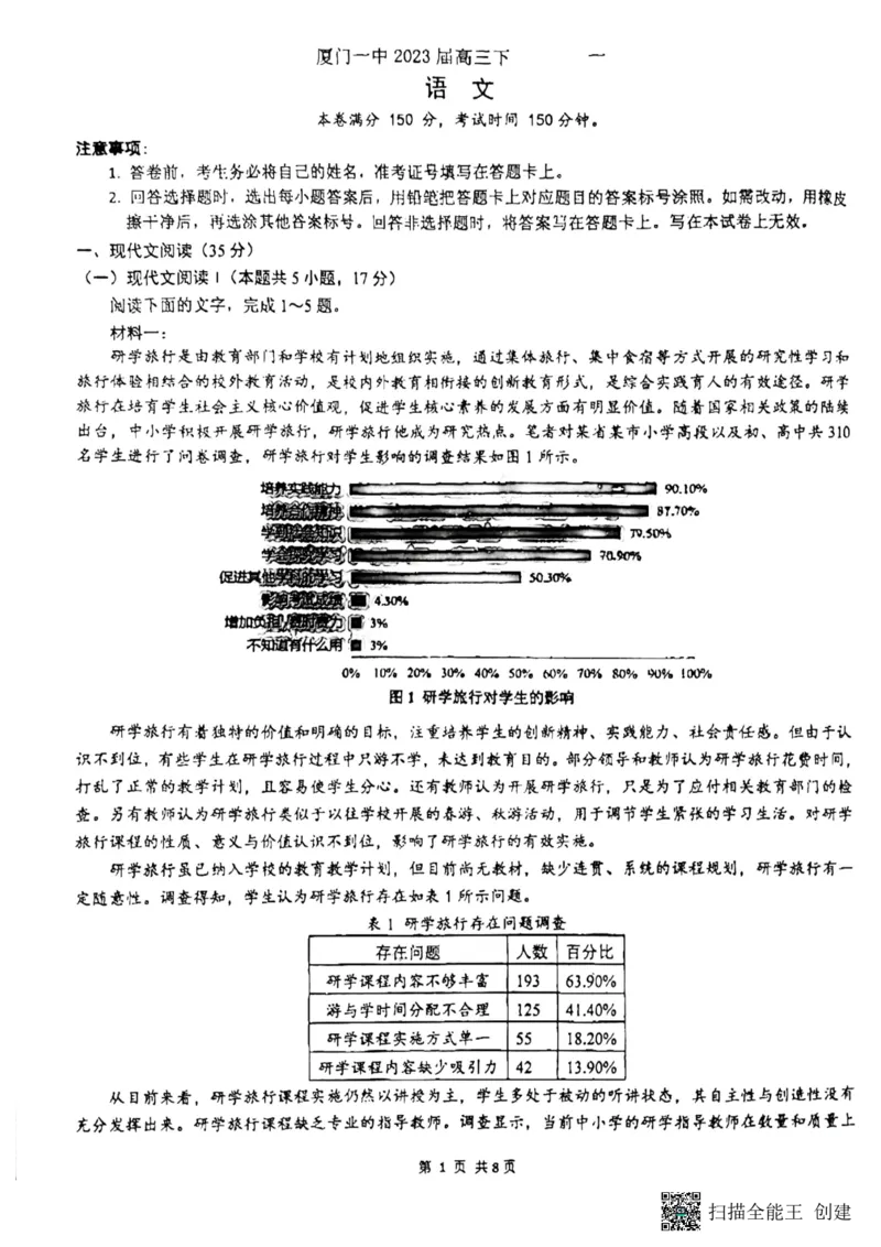 福建省厦门第一中学2022-2023学年高三下学期一模语文试题公众号：一枚试卷君_01高考语文_32023年新高考资料_3模拟题_老高考