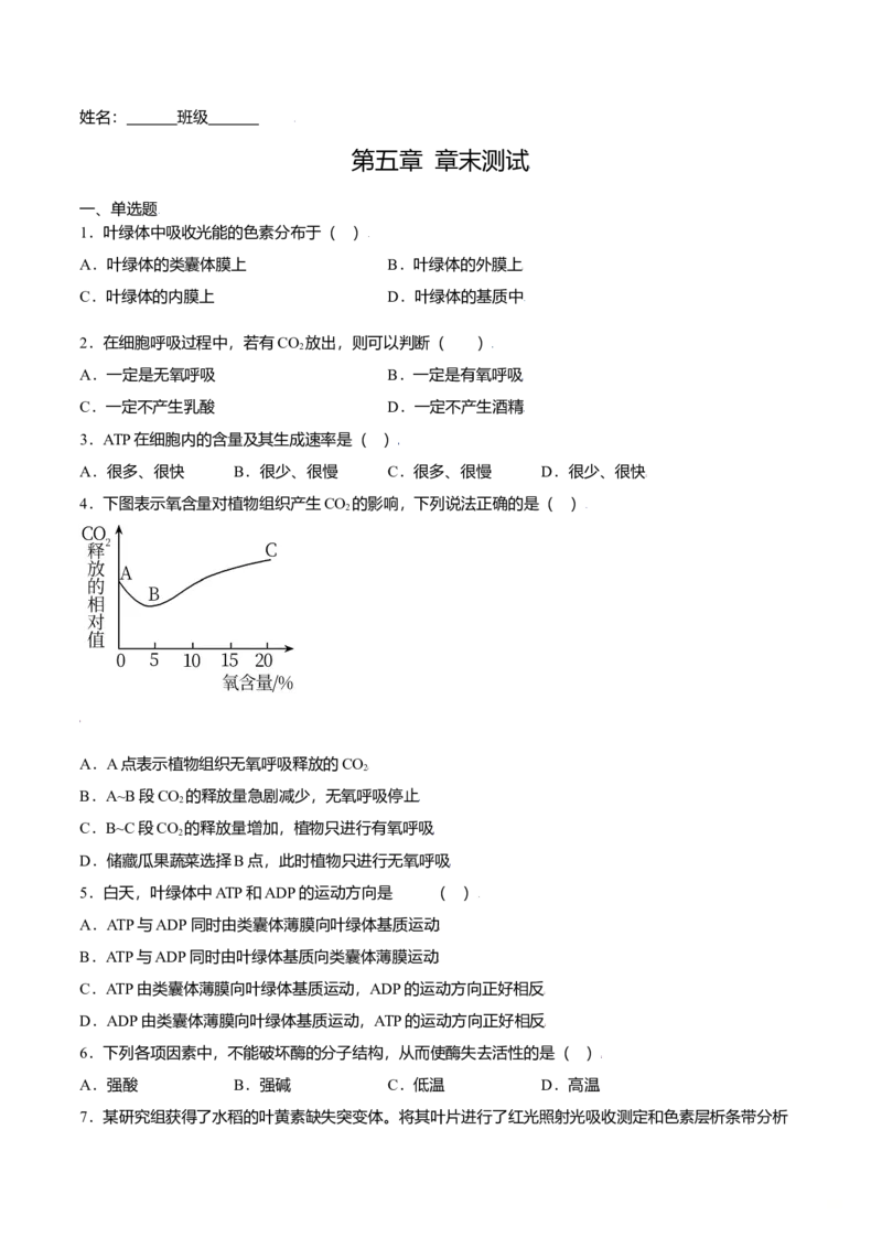 第五章章末测试-高一生物课后培优练（人教版2019必修1）（原卷版）_高中九科知识点归纳。_人教版高中Word电子版试卷练习试题知识点全科_高中生物试卷习题_生物必修_必修1