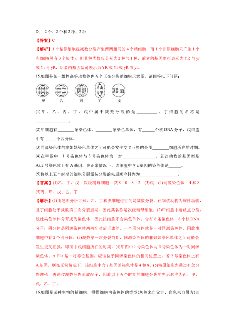 新教材精创2.1.2减数分裂与受精作用练习（1）（解析版）_高中九科知识点归纳。_人教版高中Word电子版试卷练习试题知识点全科_高中生物试卷习题_生物必修_必修2_1、同步练习