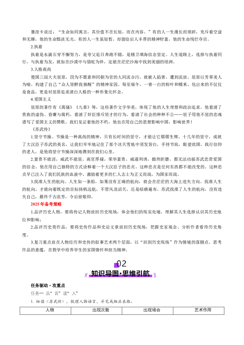 第07讲选必《屈原列传》《苏武传》一轮复习（讲义）（原卷版）_01高考语文_52025年新高考资料_一轮复习_2025年高考语文一轮复习讲练测_文言文阅读