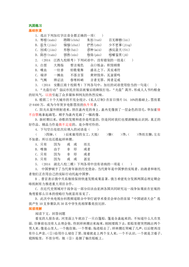 02巩固练习_高语_1高中语文_高一语文_祝福