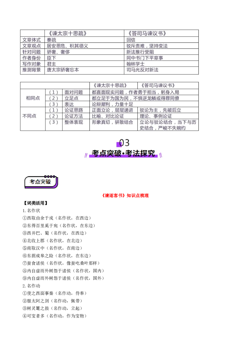 第05讲必修下《谏逐客书》《谏太宗十思疏》《答司马谏议书》一轮复习（讲义）（原卷版）_01高考语文_52025年新高考资料_一轮复习_2025年高考语文一轮复习讲练测_文言文阅读