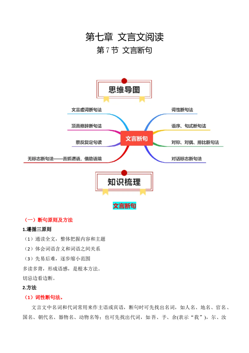 第7节文言断句-口袋书2024年高考语文一轮复习知识清单（全国通用）（原卷版）_01高考语文_通用版（老高考）复习资料_2024年复习资料_第7章文言文阅读