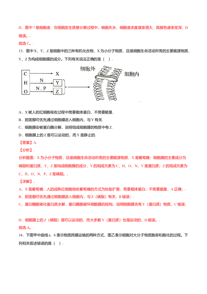 第四章章末测试-高一生物课后培优练（人教版2019必修1）（解析版）_高中九科知识点归纳。_人教版高中Word电子版试卷练习试题知识点全科_高中生物试卷习题_生物必修_必修1