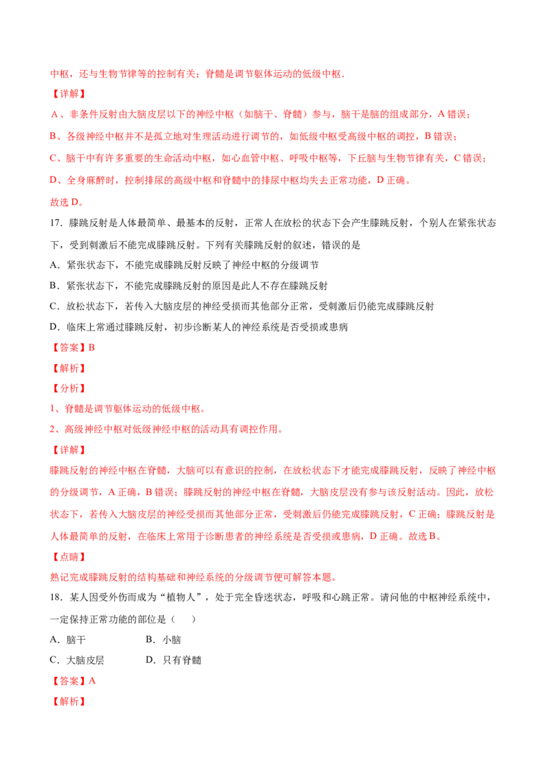 高二生物上学期期中测试卷01（人教版2019选择性必修1）（解析版）_高中九科知识点归纳。_人教版高中Word电子版试卷练习试题知识点全科_高中生物试卷习题_生物选修_选修1
