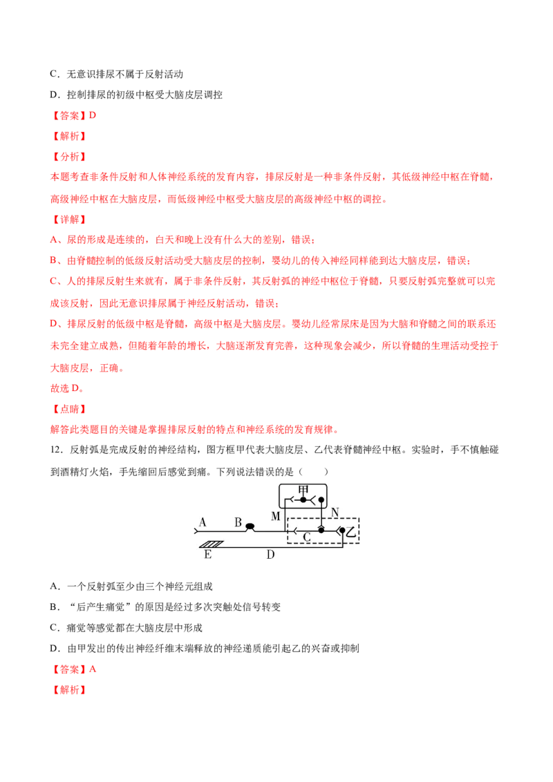 高二生物上学期期中测试卷01（人教版2019选择性必修1）（解析版）_高中九科知识点归纳。_人教版高中Word电子版试卷练习试题知识点全科_高中生物试卷习题_生物选修_选修1