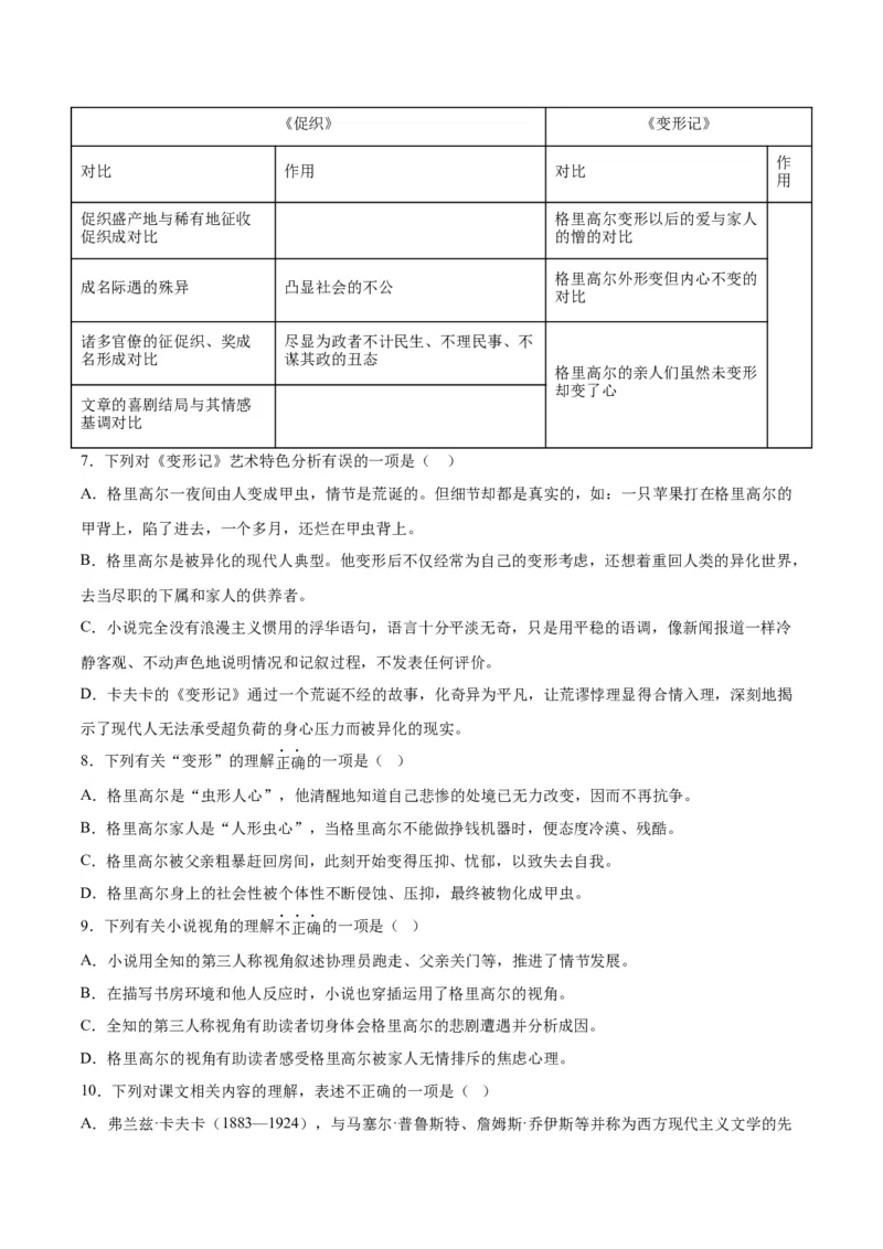 14.2《变形记》（学生版）_高语_高中语文_必修下册_同步讲义