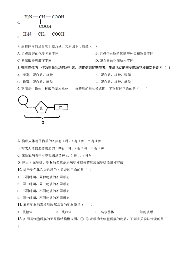 精品解析：江苏省南京市外国语学校高一上生物期末生物试题（原卷版）_高中九科知识点归纳。_人教版高中Word电子版试卷练习试题知识点全科_高中生物试卷习题_生物必修_必修1