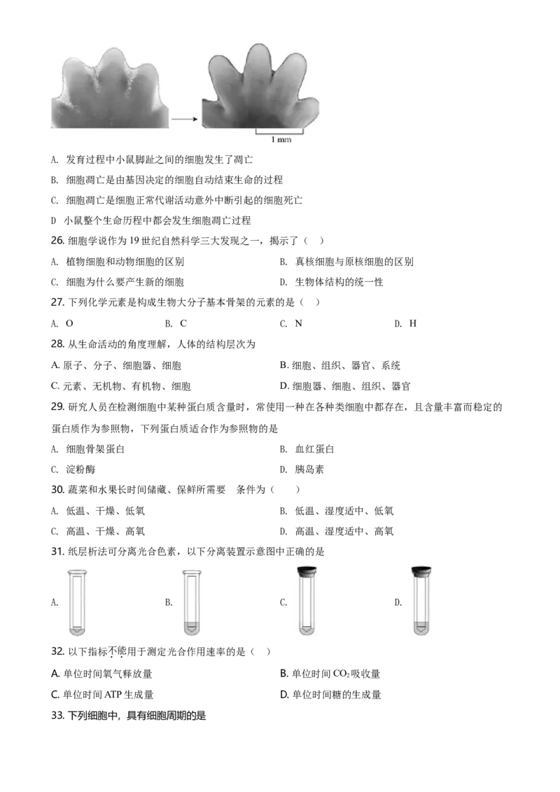 精品解析：北京市石景山2020-2021高一上学期期末生物试题（原卷版）_高中九科知识点归纳。_人教版高中Word电子版试卷练习试题知识点全科_高中生物试卷习题_生物必修_必修1_2.各地真题