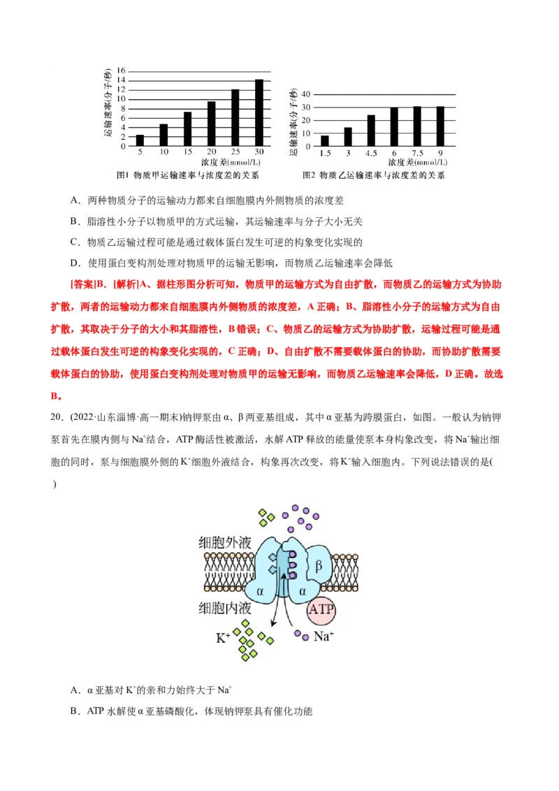 第4章细胞的物质输入和输出（B卷&middot;能力提升练）（解析版）_高中九科知识点归纳。_人教版高中Word电子版试卷练习试题知识点全科_高中生物试卷习题_生物必修_必修1