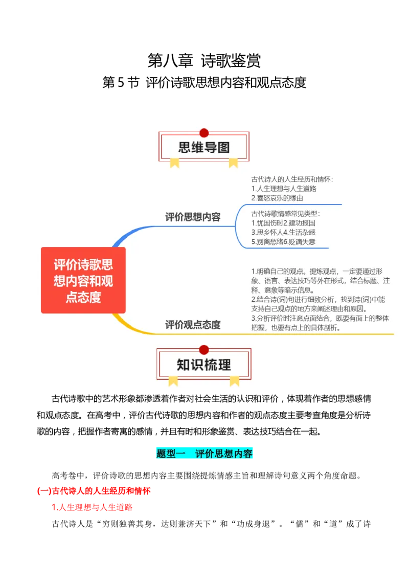 第5节评价诗歌思想内容和观点态度-口袋书2024年高考语文一轮复习知识清单（全国通用）（解析版）_01高考语文_通用版（老高考）复习资料_2024年复习资料_第8章古代诗歌鉴赏