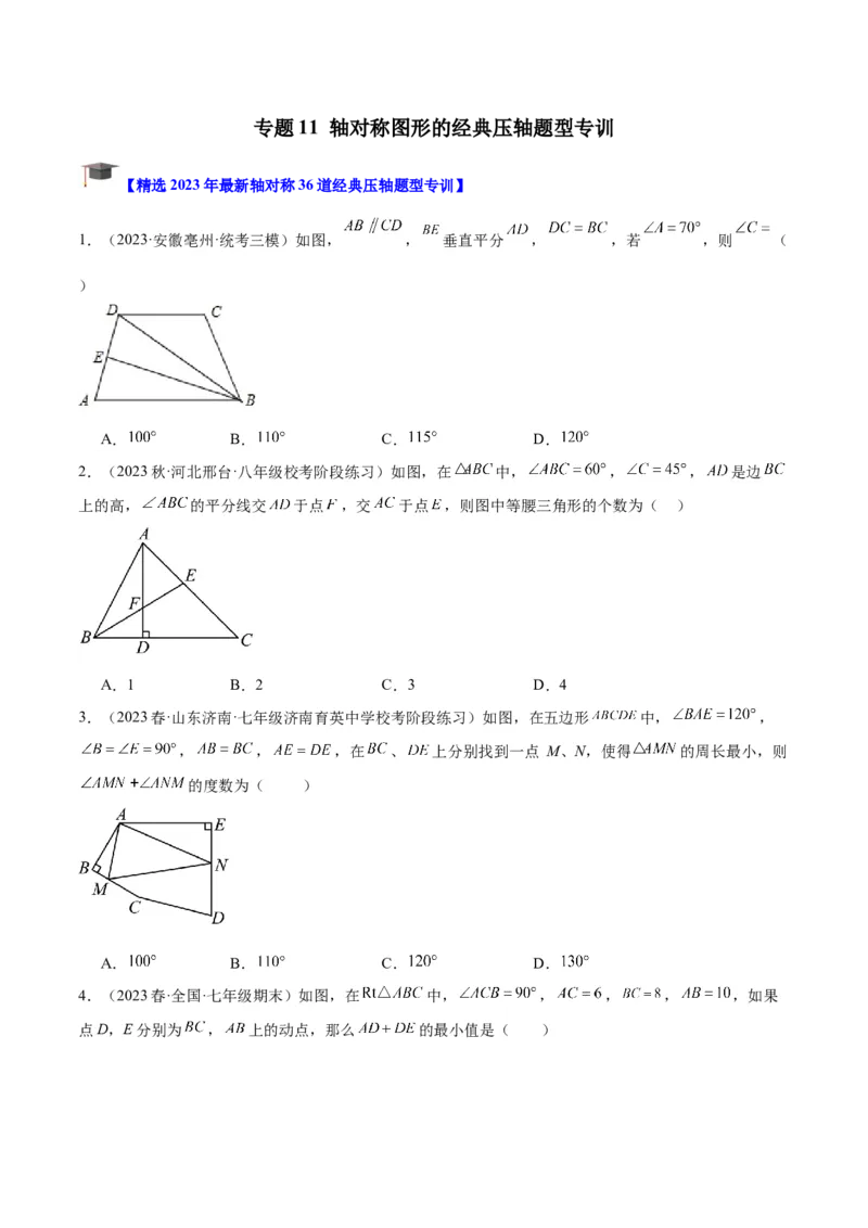 专题11轴对称图形的经典压轴题型专训（学生版）_初中数学_八年级数学上册（人教版）_重难点专题提升-V7_2024版