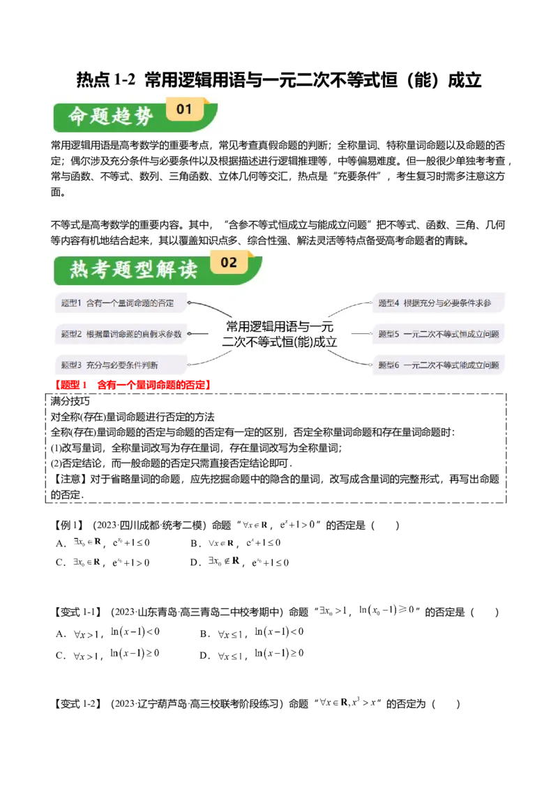热点1-2常用逻辑用语与一元二次不等式恒（能）成立（6题型+满分技巧+限时检测）（原卷版）_2.2025数学总复习_2024年新高考资料_3.2024专项复习