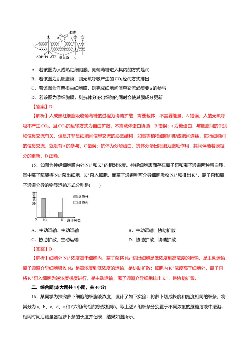 第04章细胞的物质输入和输出（B卷）（解析版）_高中九科知识点归纳。_人教版高中Word电子版试卷练习试题知识点全科_高中生物试卷习题_生物必修_必修1_3.单元测试（第三套）