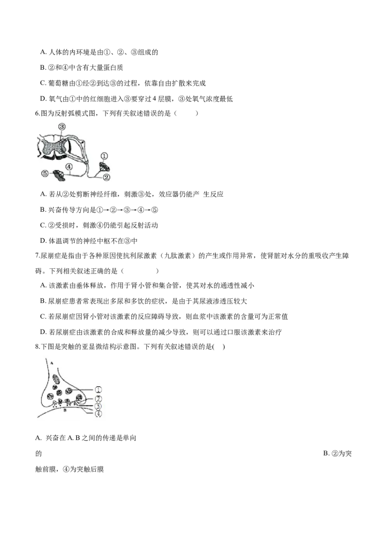 高二生物上学期期末测试卷05（人教版2019选择性必修1）（原卷版）_高中九科知识点归纳。_人教版高中Word电子版试卷练习试题知识点全科_高中生物试卷习题_生物选修_选修1