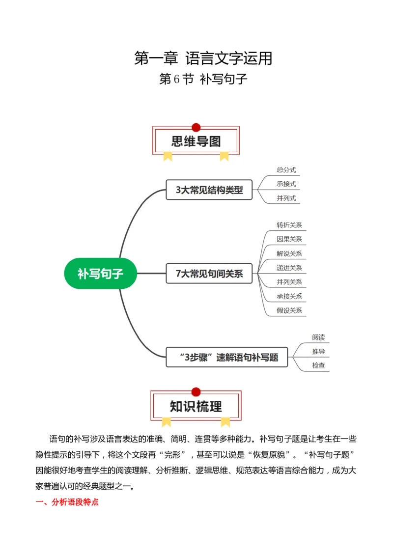 第6节补写句子-口袋书2024年高考语文一轮复习知识清单（全国通用）（原卷版）_01高考语文_通用版（老高考）复习资料_2024年复习资料_第1章语言文字运用