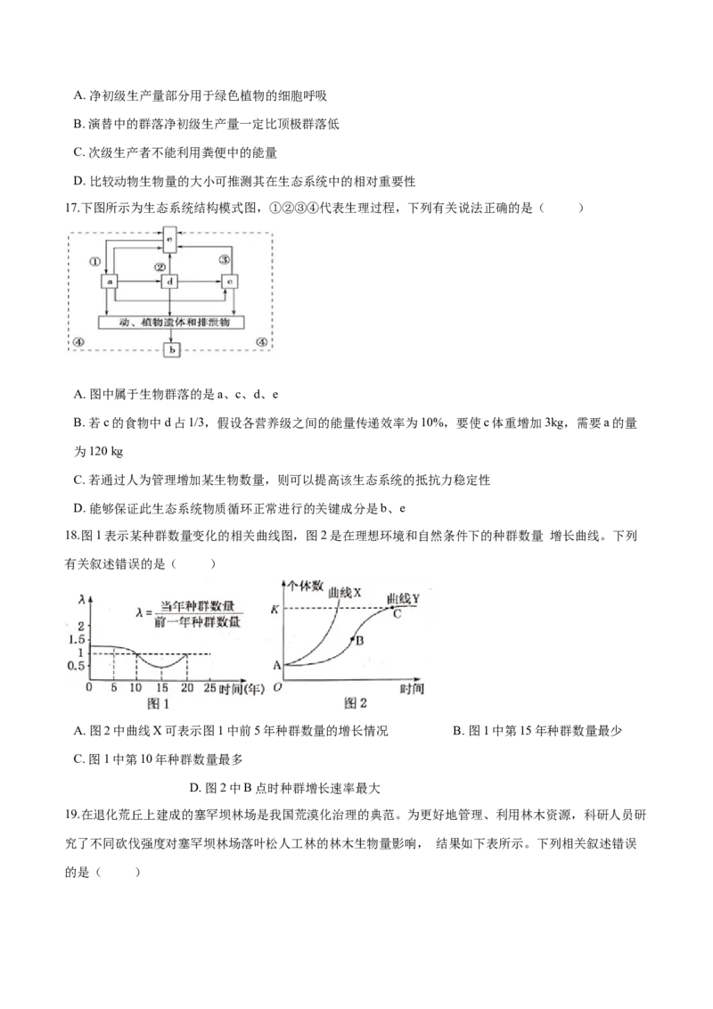 高二生物上学期期末测试卷01（人教版2019选择性必修2）（原卷版）_高中九科知识点归纳。_人教版高中Word电子版试卷练习试题知识点全科_高中生物试卷习题_生物选修_选修2