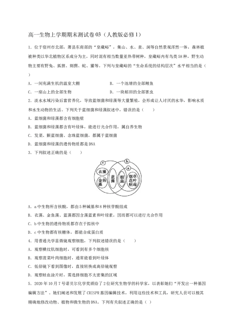 高一生物上学期期末测试卷03（人教版必修1）（原卷版）_高中九科知识点归纳。_人教版高中Word电子版试卷练习试题知识点全科_高中生物试卷习题_生物必修_必修1_1.模拟题