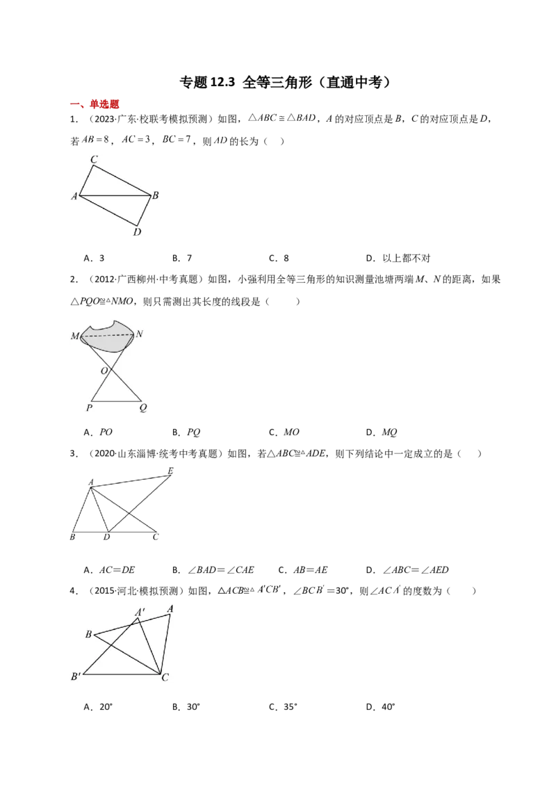 专题12.3全等三角形（直通中考）-（人教版）_初中数学_八年级数学上册（人教版）_专题突破练习-V4_2024版