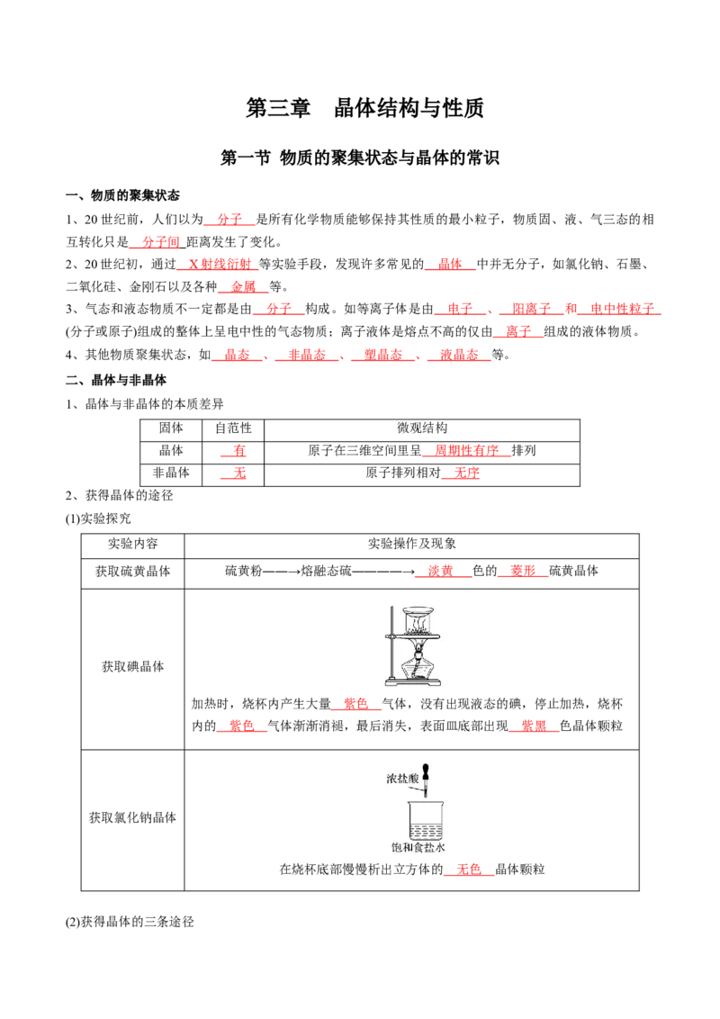 第三章晶体结构与性质-知识手册高中化学全册必背章节知识清单（人教版2019选择性必修2）（教师版）_高中九科知识点归纳。_人教版高中Word电子版试卷练习试题知识点全科_化学选修