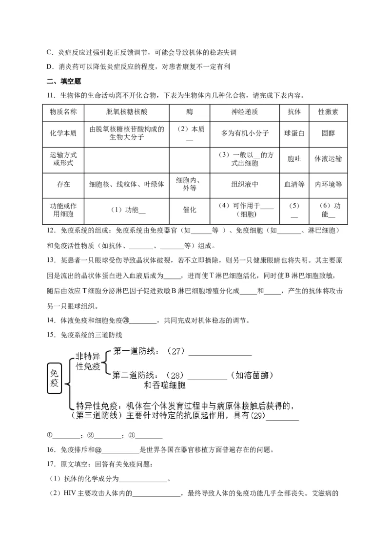 第4章免疫调节单元测试卷人教版（2019）高中生物选择性必修1_高中九科知识点归纳。_人教版高中Word电子版试卷练习试题知识点全科_高中生物试卷习题_生物选修_选修1_第四章
