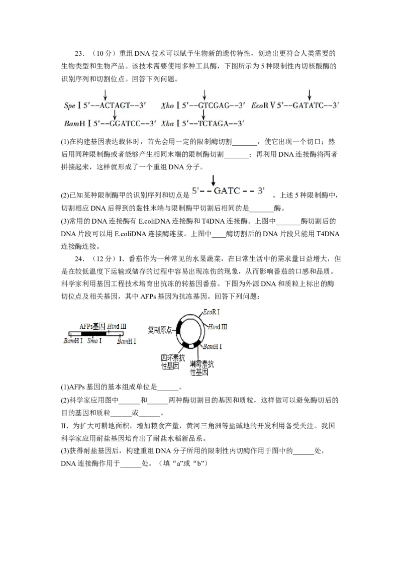 第3章基因工程（基础突破卷）-2022-2023学年高二生物基础与培优高效突破测试卷（人教版2019选择性必修3）（原卷版）_高中九科知识点归纳。_人教版高中Word电子版试卷练习试题知识点全科