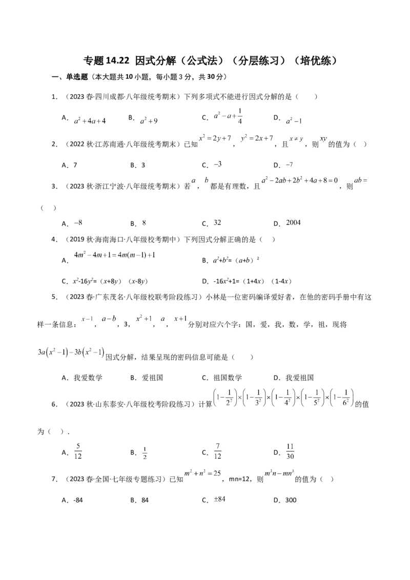 专题14.22因式分解（公式法）（分层练习）（培优练）-（人教版）_初中数学_八年级数学上册（人教版）_专题突破练习-V4_2024版