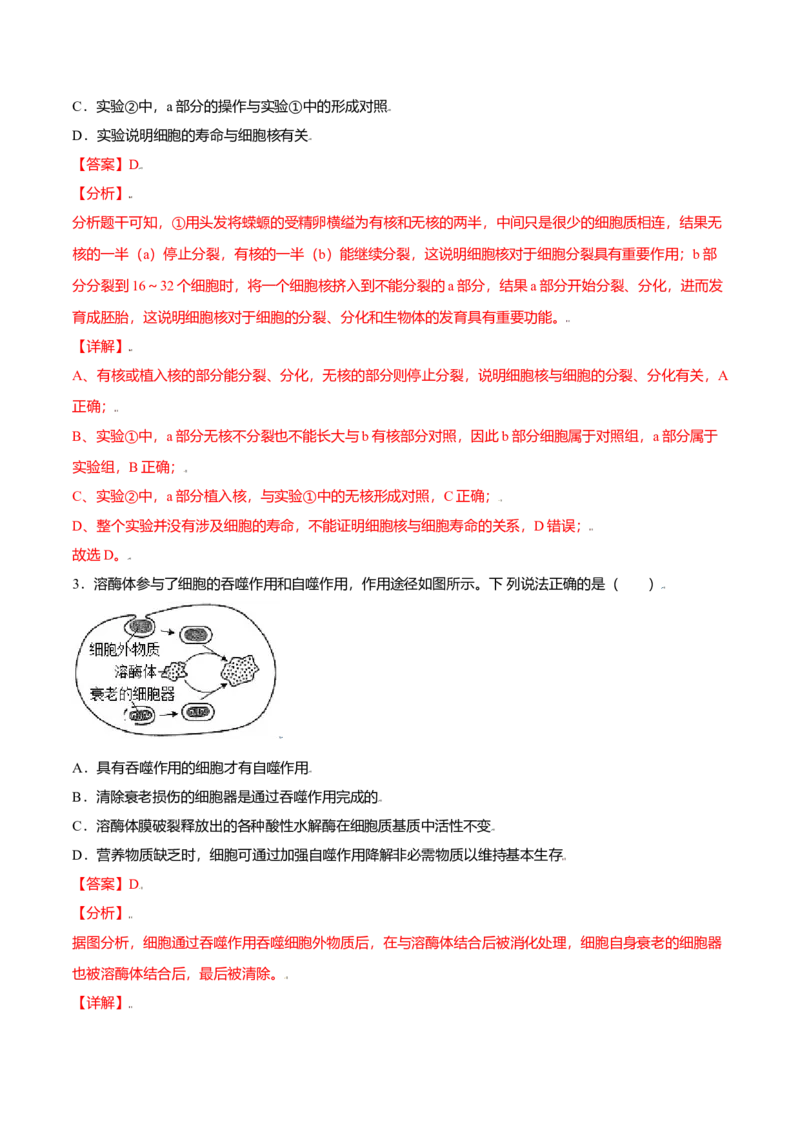 第三章章末测试-高一生物课后培优练（人教版2019必修1）（解析版）_高中九科知识点归纳。_人教版高中Word电子版试卷练习试题知识点全科_高中生物试卷习题_生物必修_必修1