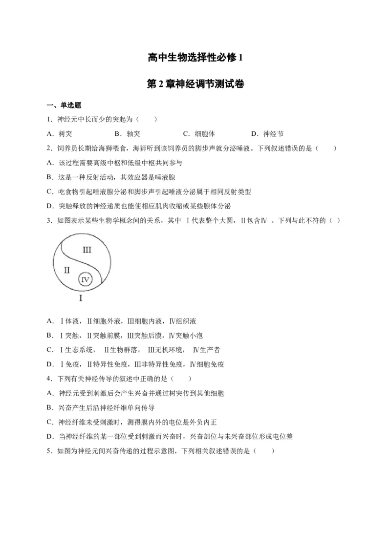 第2章神经调节单元测试卷人教版（2019）高中生物选择性必修1_高中九科知识点归纳。_人教版高中Word电子版试卷练习试题知识点全科_高中生物试卷习题_生物选修_选修1_第二章