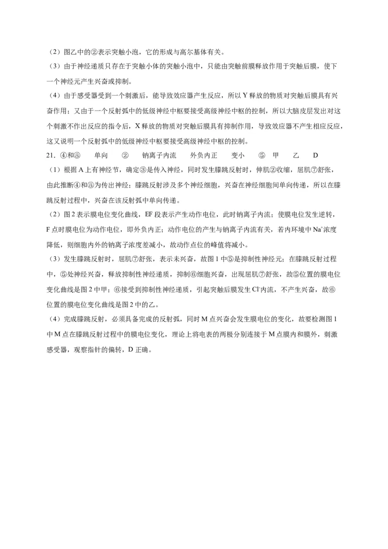 第2章神经调节单元测试卷人教版（2019）高中生物选择性必修1_高中九科知识点归纳。_人教版高中Word电子版试卷练习试题知识点全科_高中生物试卷习题_生物选修_选修1_第二章