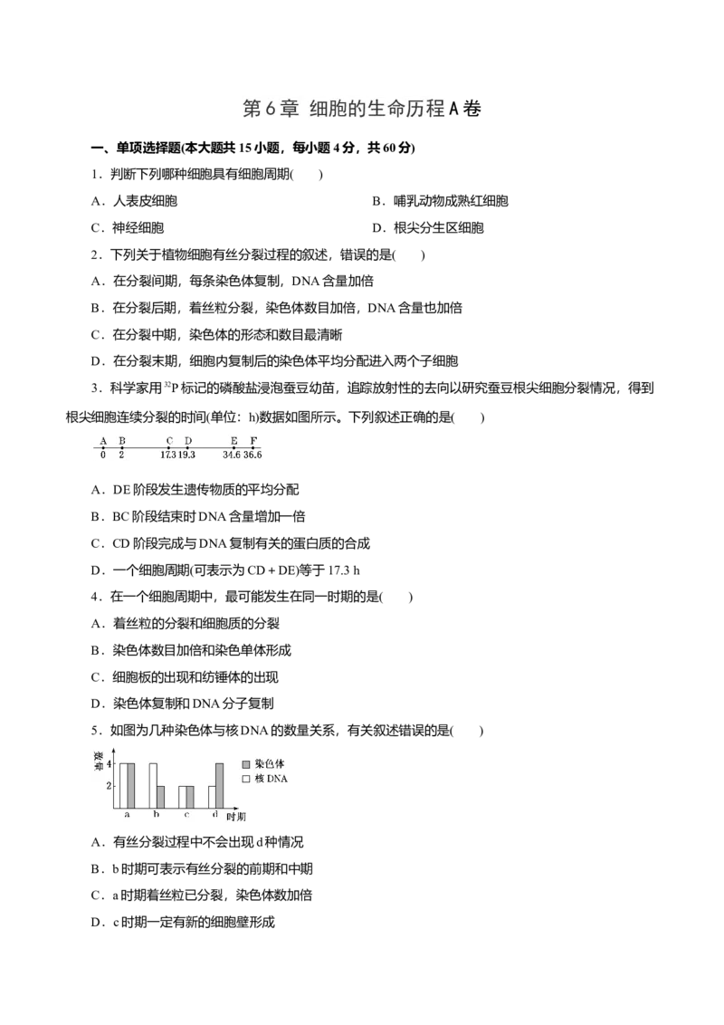 第6章细胞的生命历程A卷（原卷版）_高中九科知识点归纳。_人教版高中Word电子版试卷练习试题知识点全科_高中生物试卷习题_生物必修_必修1_人教版生物必修一单元测试（032份）
