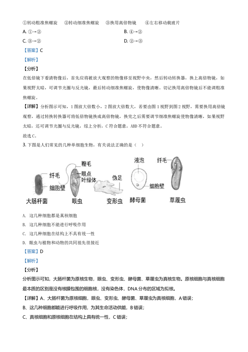 精品解析：辽宁省大连市高一上学期期末生物学试题（解析版）_高中九科知识点归纳。_人教版高中Word电子版试卷练习试题知识点全科_高中生物试卷习题_生物必修_必修1_2.各地真题