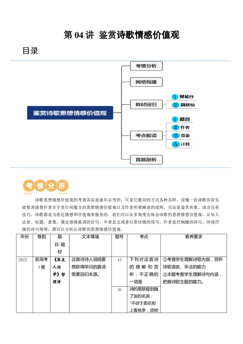 第04讲鉴赏诗歌情感价值观（讲义）（原卷版）_01高考语文_4.22024年新高考资料_1.2024一轮复习_2024年高考语文一轮复习讲练（新教材新高考_2.第二部分古代诗文阅读专题二诗歌鉴赏