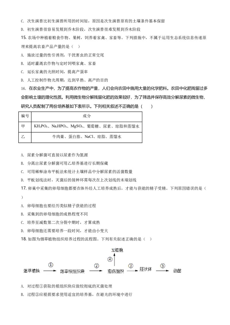 高二下学期期中生物试题（原卷版）_高中九科知识点归纳。_人教版高中Word电子版试卷练习试题知识点全科_高中生物试卷习题_生物选修_选修2_人教版生物选修二期中测试（006份）_987