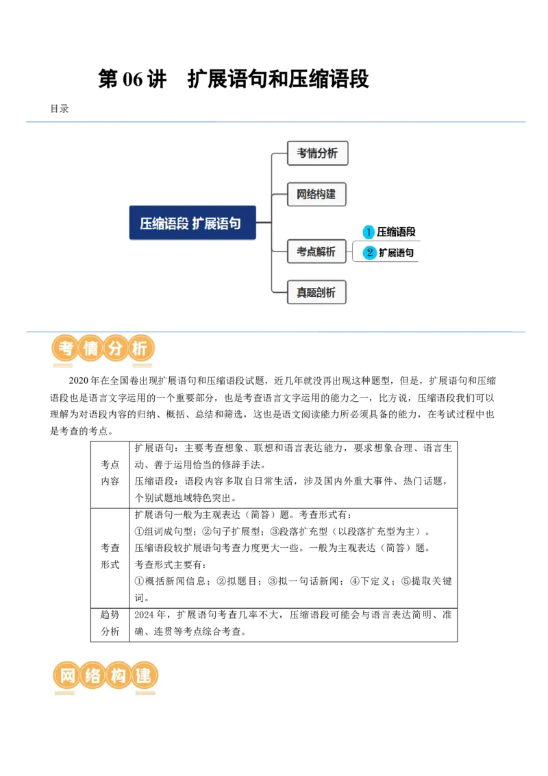 第06讲压缩语段和扩展语句（讲义）（解析版）_01高考语文_4.22024年新高考资料_1.2024一轮复习_2024年高考语文一轮复习讲练（新教材新高考_3.第三部分语言文字运用